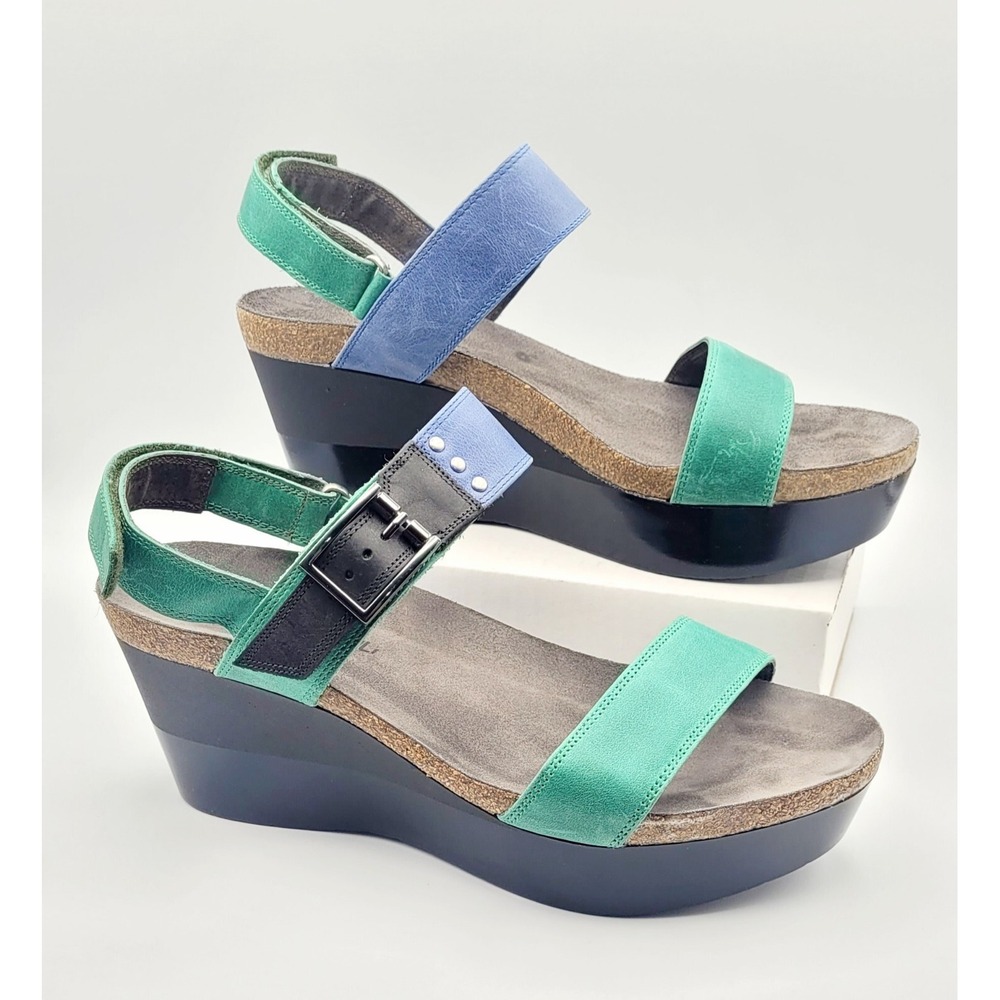Naot Alpha Blue Green Leather Wedge Sandals Size 9 (EU 40) Comfort Strappy Shoes - Picture 1 of 12
